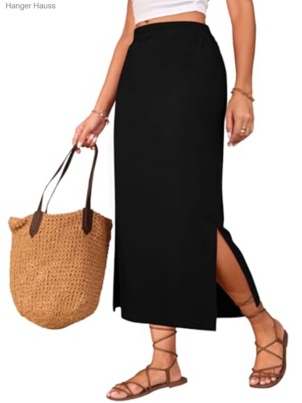 Side Slit Pencil Maxi Skirt High Waisted Elastic Waist Summer Long Skirt